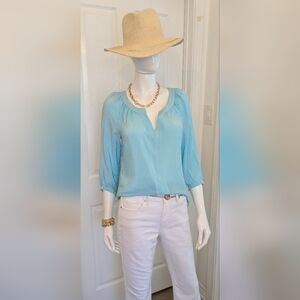 Lilly Pulitzer Moxy 100% Silk 3/4 Sleeve Turquoise White Striped Small